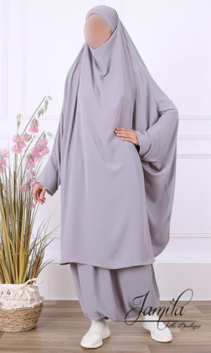 Jilbab Gris Clair 2 pièces Sarouel Microfibre léger